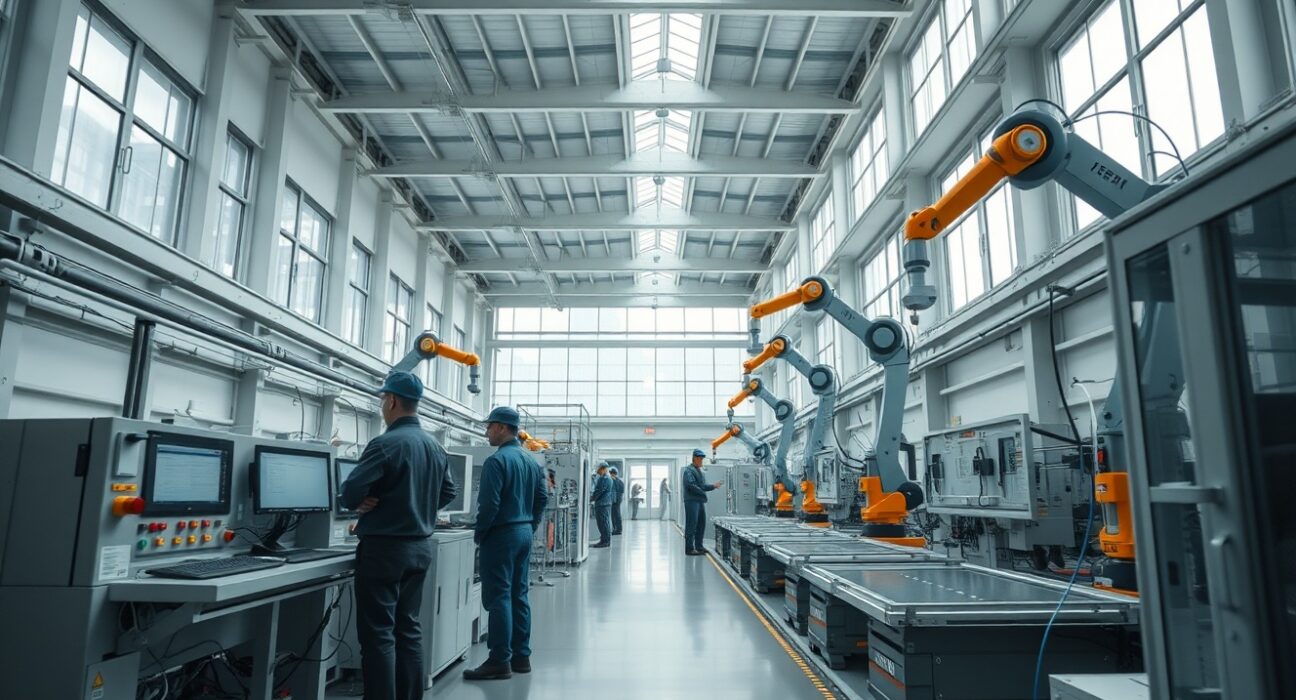 Interior of a modern German factory with automated machinery and workers.