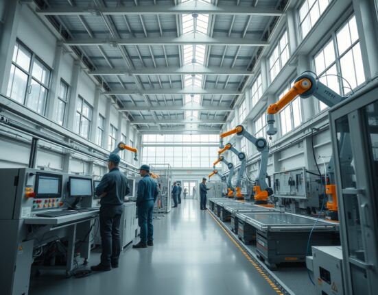 Interior of a modern German factory with automated machinery and workers.