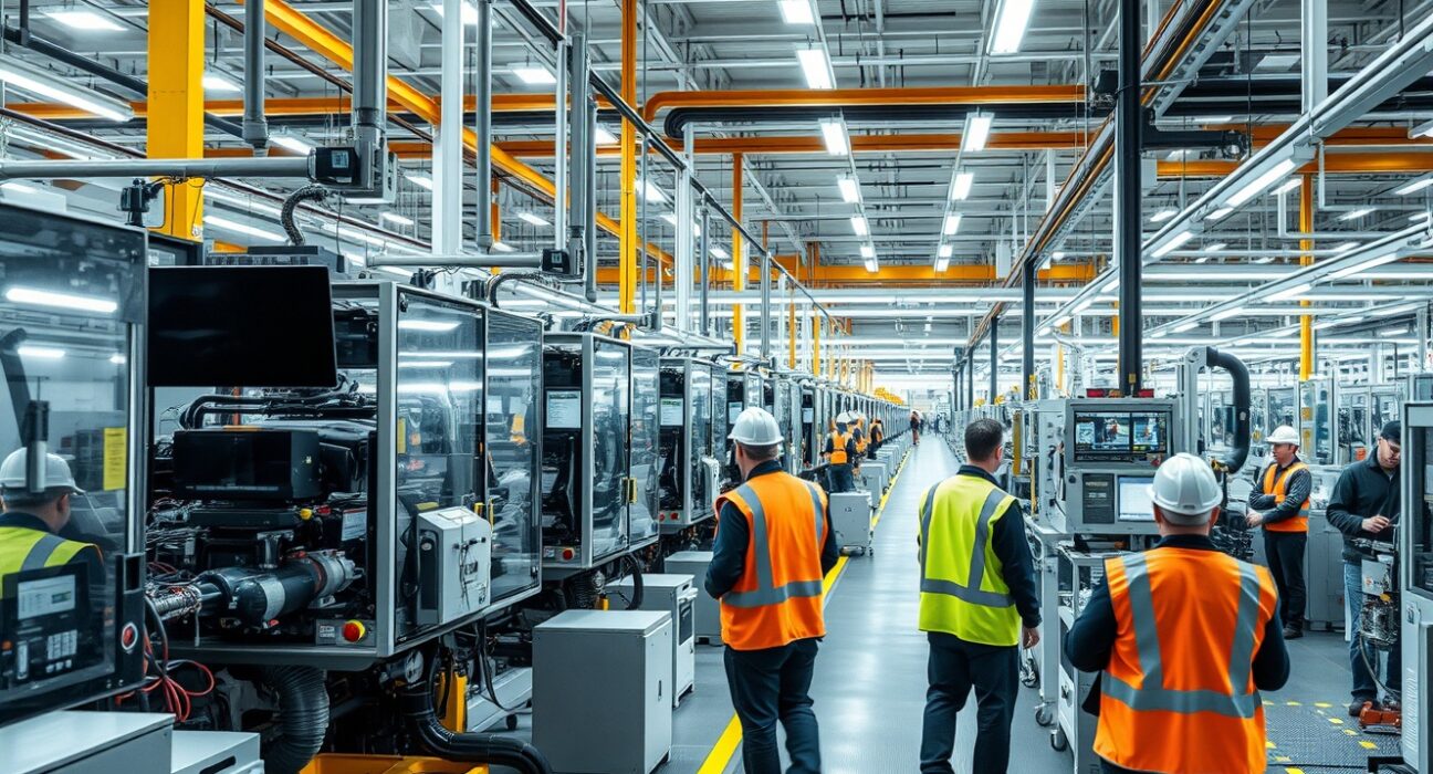 Interior of a modern German manufacturing plant with automated machinery and workers on the production floor