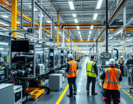 Interior of a modern German manufacturing plant with automated machinery and workers on the production floor