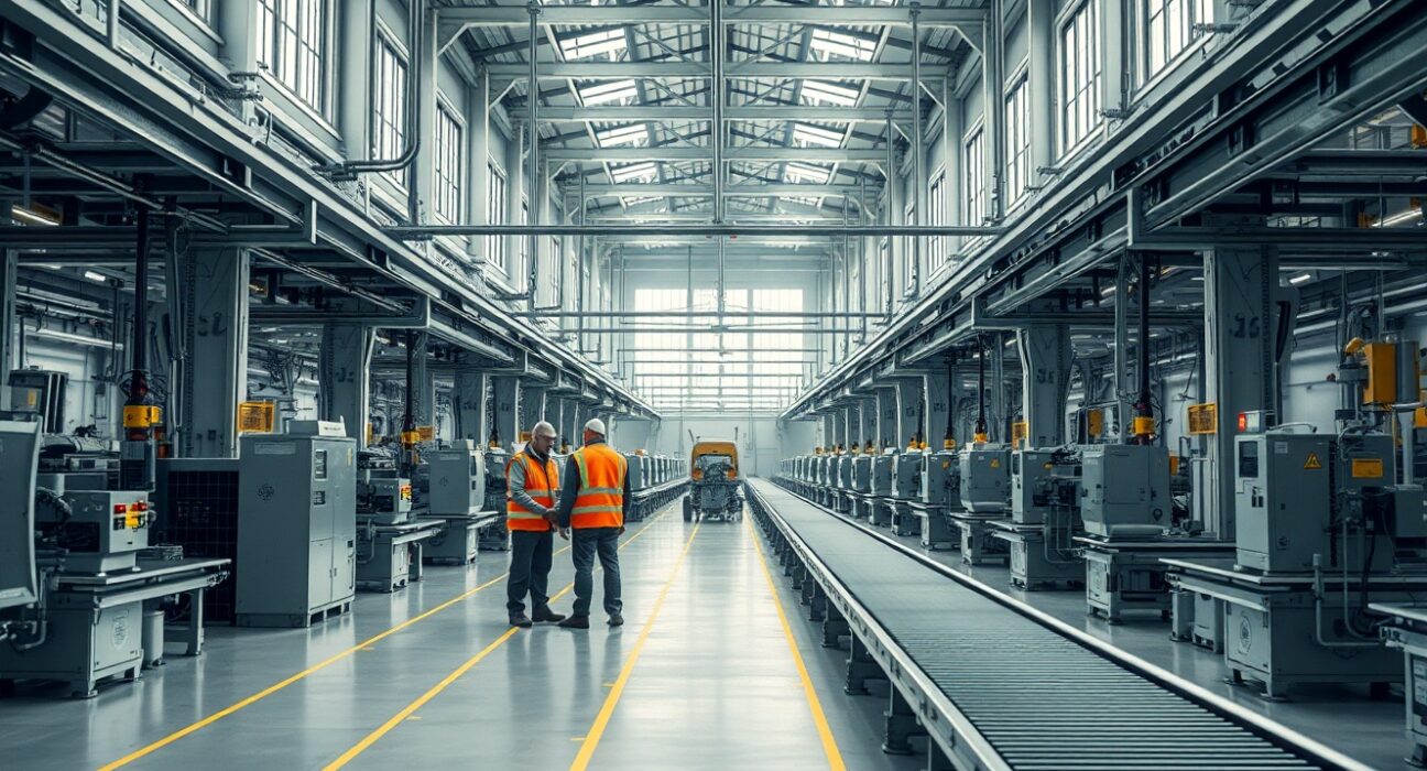 Interior view of a German manufacturing factory with workers and idle machinery, representing economic stagnation.