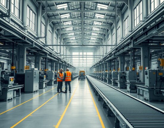 Interior view of a German manufacturing factory with workers and idle machinery, representing economic stagnation.