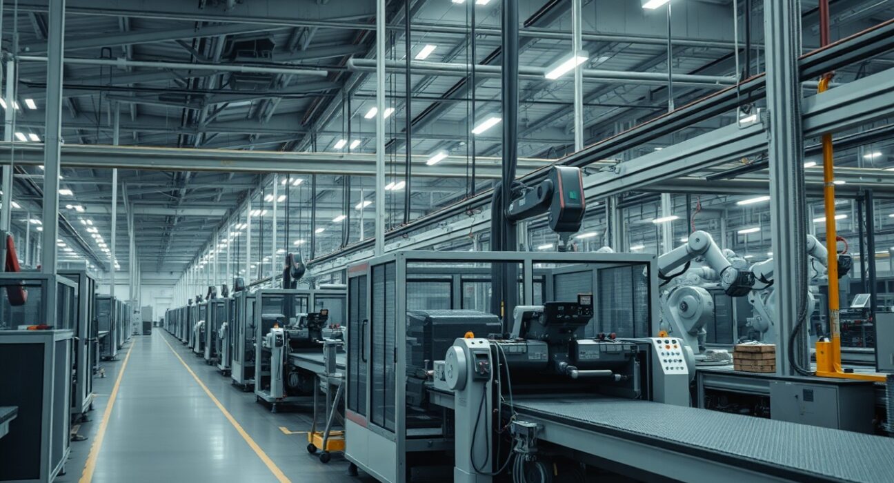 Idle industrial machinery inside a German manufacturing plant, symbolizing economic slowdown