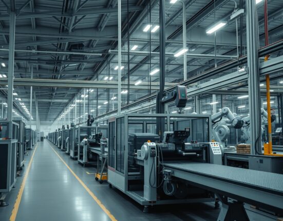 Idle industrial machinery inside a German manufacturing plant, symbolizing economic slowdown
