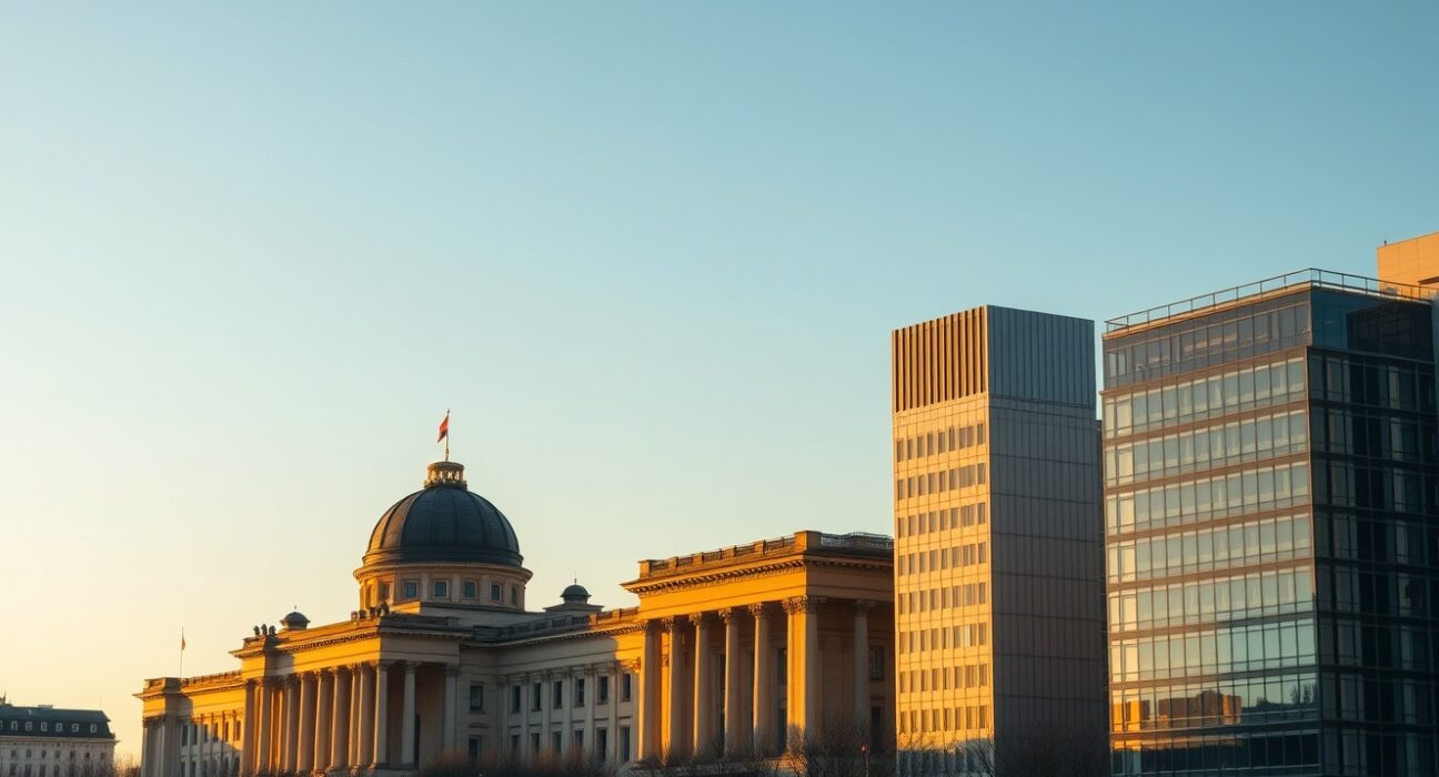 Berlin skyline at sunset with Reichstag building and financial district, representing German economic growth in Q2 2025.