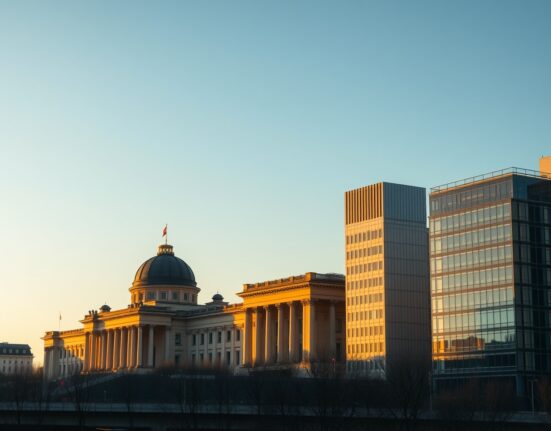 Berlin skyline at sunset with Reichstag building and financial district, representing German economic growth in Q2 2025.