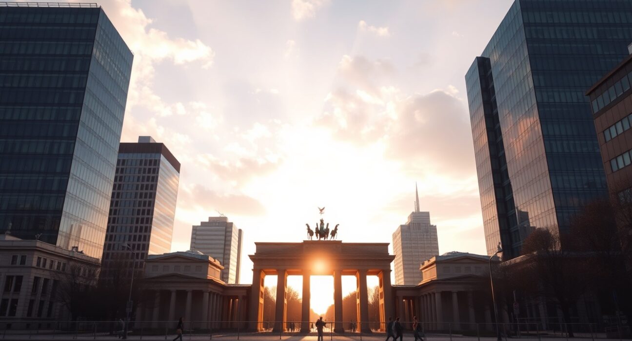 Berlin skyline at sunset with Brandenburg Gate in center, representing German economic data