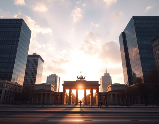 Berlin skyline at sunset with Brandenburg Gate in center, representing German economic data