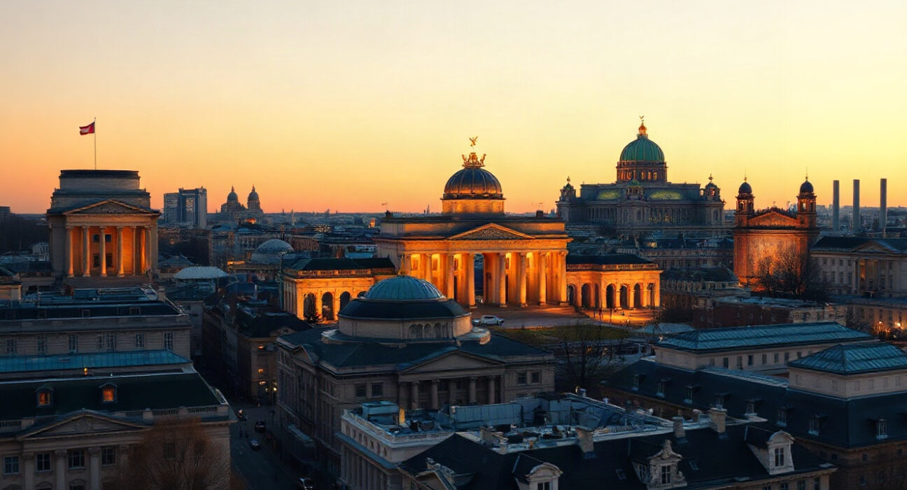 Berlin skyline at dusk with Reichstag and Brandenburg Gate, symbolizing Germany's economic growth.