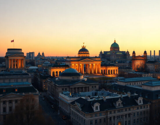 Berlin skyline at dusk with Reichstag and Brandenburg Gate, symbolizing Germany's economic growth.