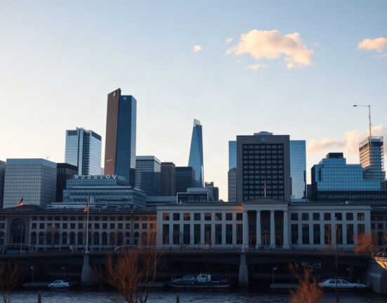 Frankfurt skyline with European Central Bank building under sunny sky, symbolizing Germany's economic recovery.