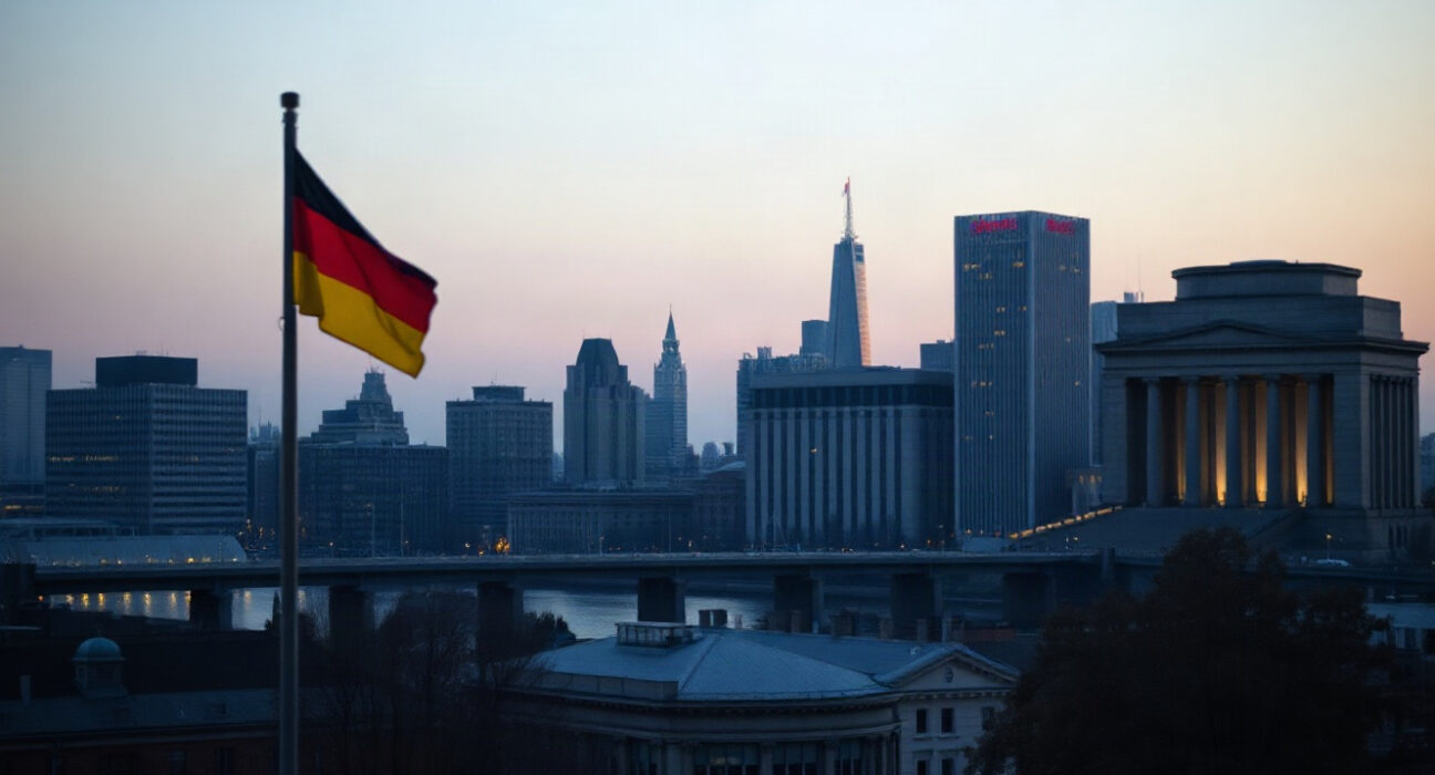 Frankfurt skyline at dawn, symbolizing Germany's moderate economic growth outlook
