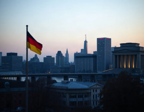 Frankfurt skyline at dawn, symbolizing Germany's moderate economic growth outlook