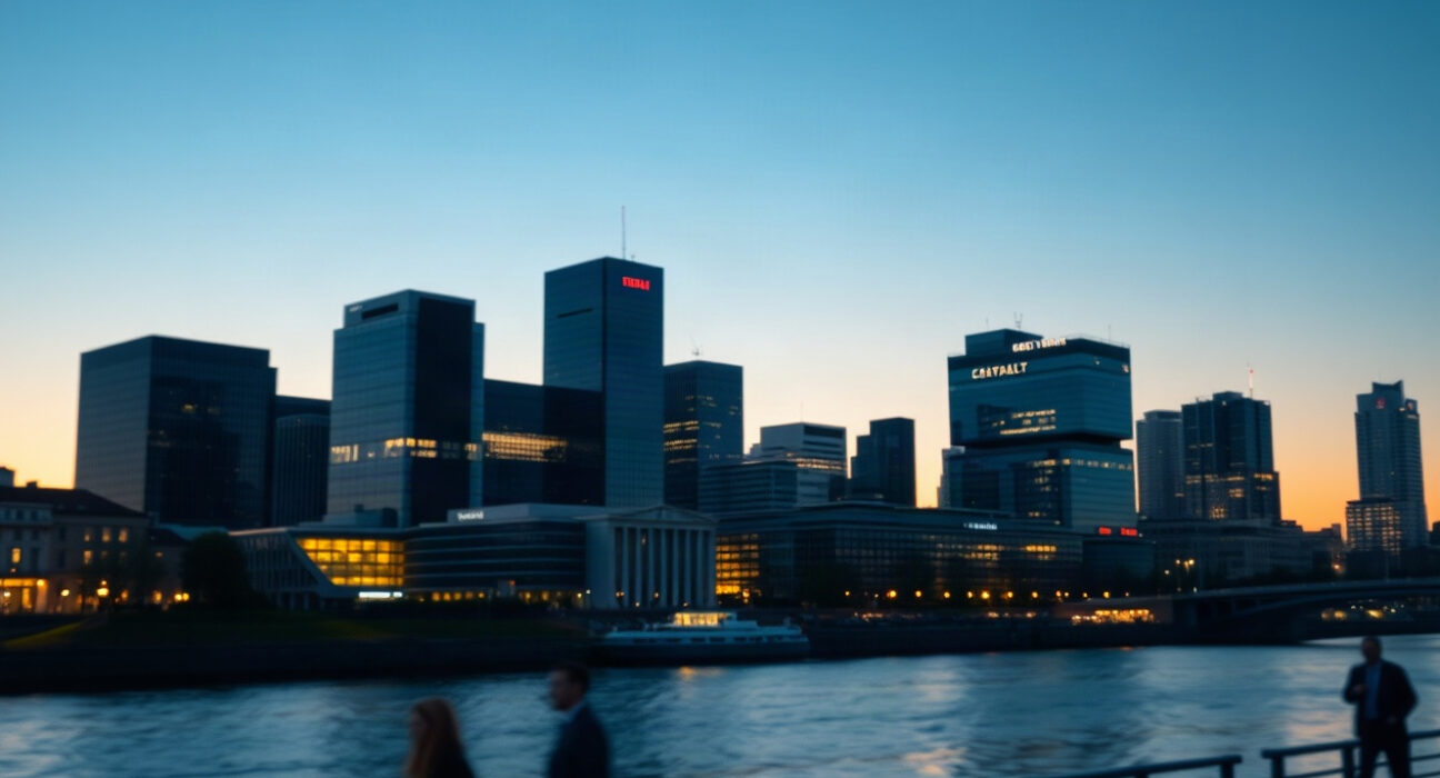Frankfurt skyline at dusk, reflecting Germany's economic activity as PMI data is released.