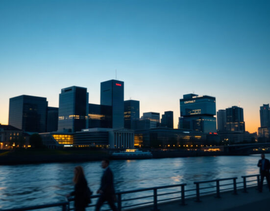 Frankfurt skyline at dusk, reflecting Germany's economic activity as PMI data is released.