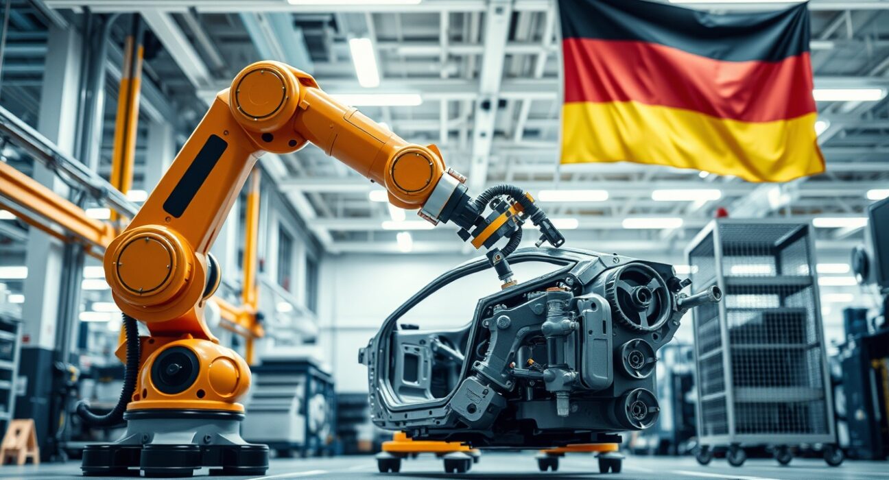 Robotic arm in a modern German factory with flag in background