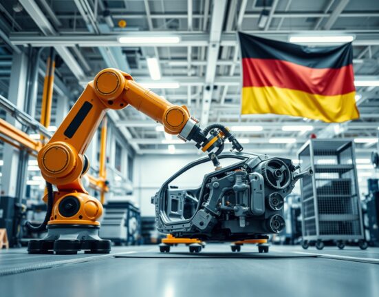 Robotic arm in a modern German factory with flag in background