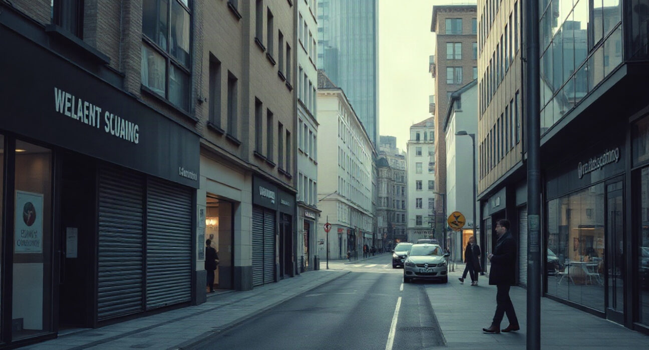 A view of a German city street with quiet storefronts, reflecting economic slowdown in the services sector.