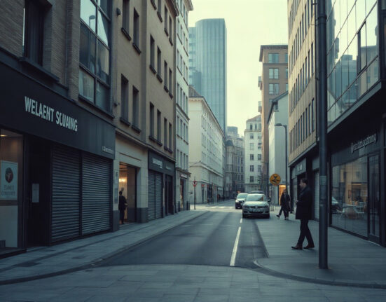 A view of a German city street with quiet storefronts, reflecting economic slowdown in the services sector.