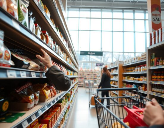 Shopper in a German grocery store in Hesse looking at price tags, representing regional consumer price index data.