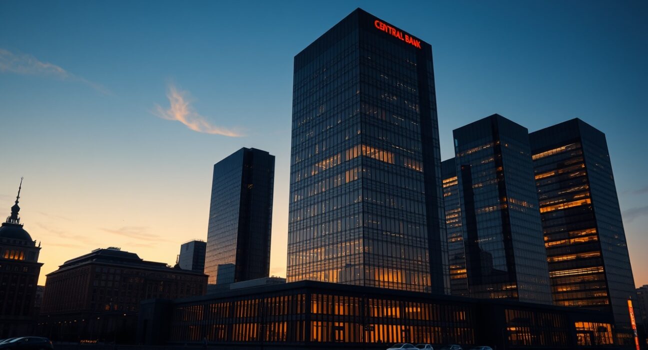 Frankfurt skyline at dusk with ECB headquarters, representing German economic data.