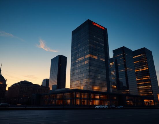 Frankfurt skyline at dusk with ECB headquarters, representing German economic data.