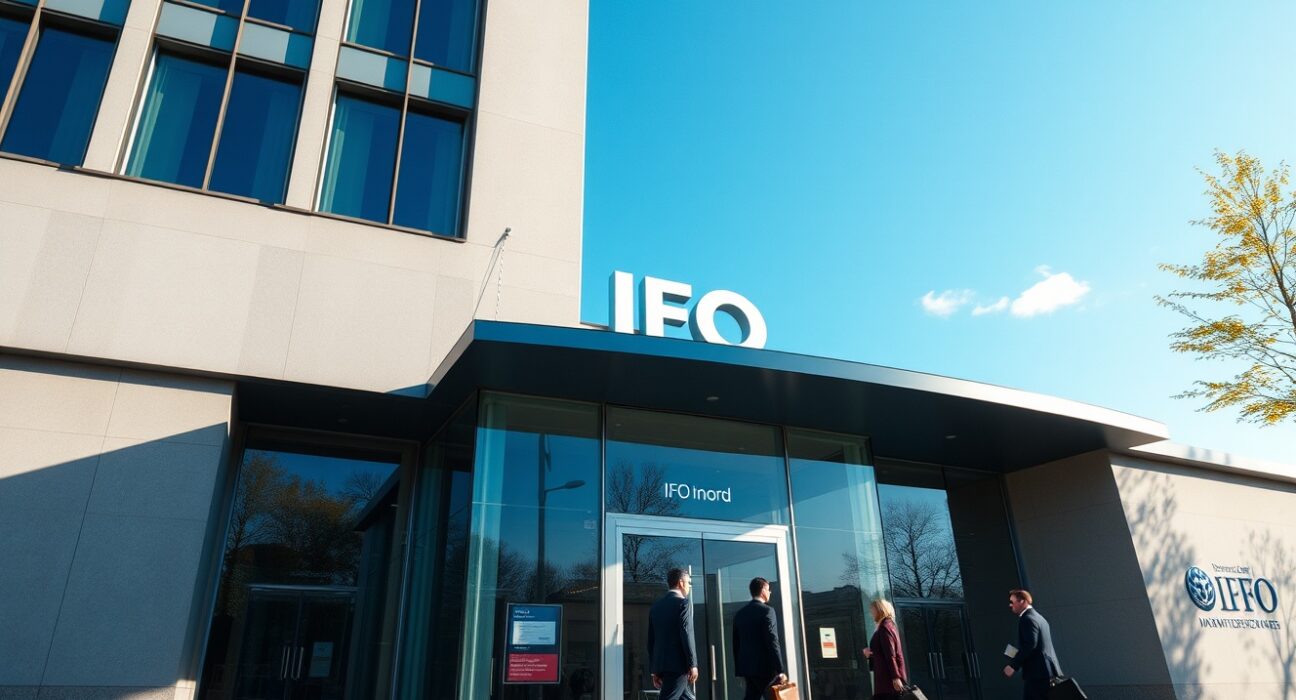 IFO Institute building in Munich on a sunny day, with professionals entering and exiting.