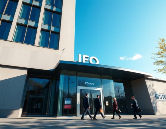 IFO Institute building in Munich on a sunny day, with professionals entering and exiting.