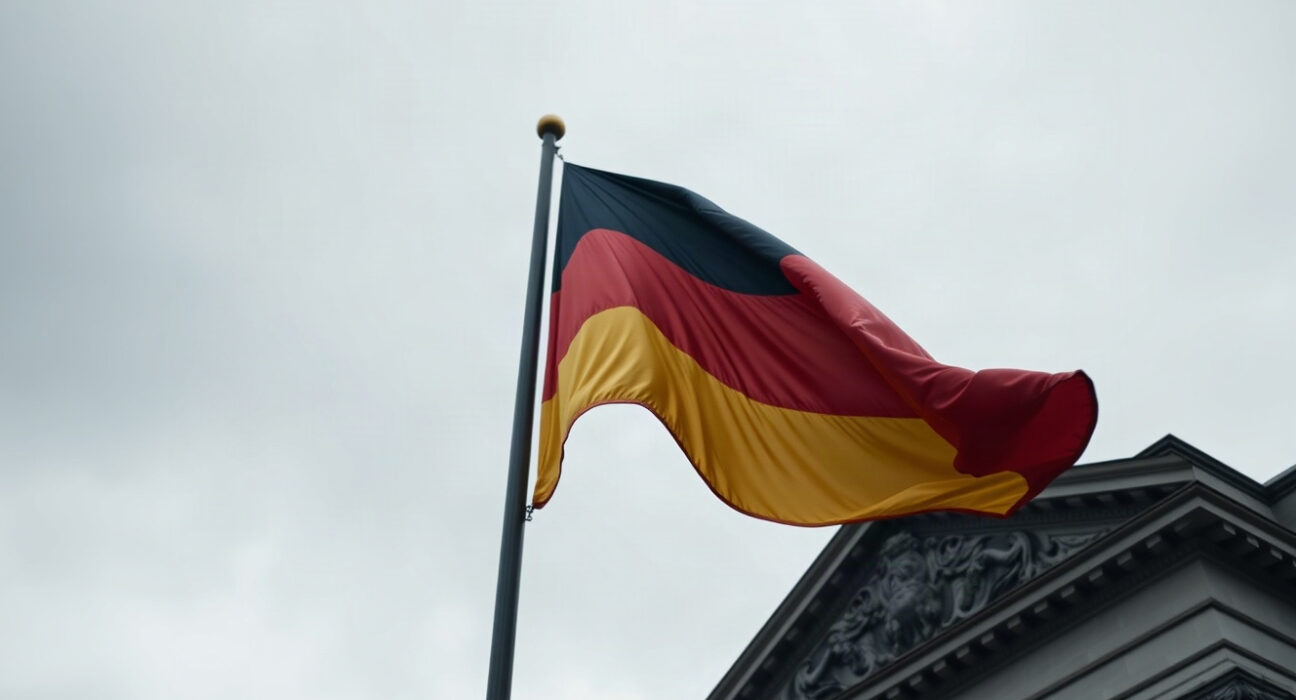 German flag in front of Reichstag, symbolizing economic uncertainty from Iran conflict.