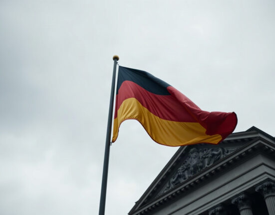 German flag in front of Reichstag, symbolizing economic uncertainty from Iran conflict.