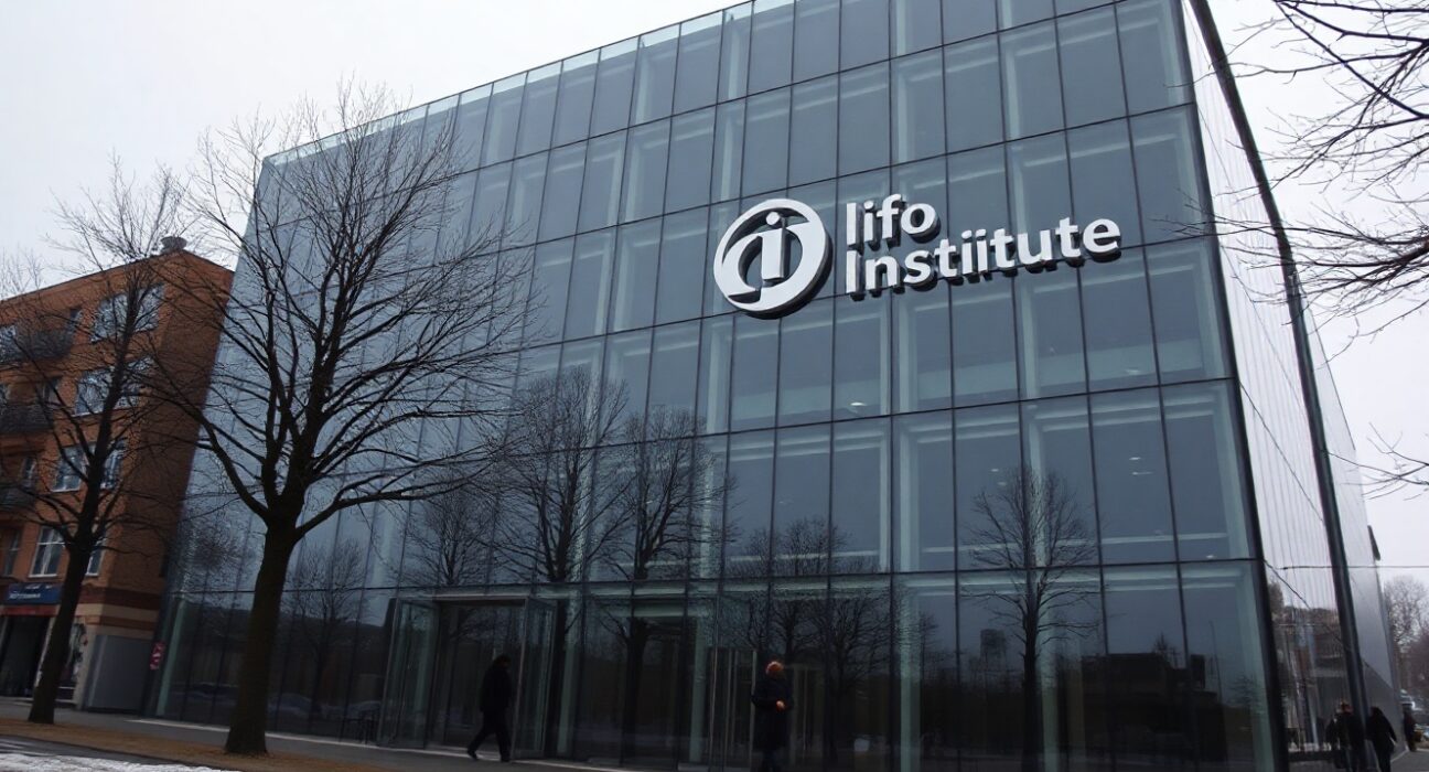 Ifo Institute building in Munich on a cloudy day, representing German economic data and business climate analysis.