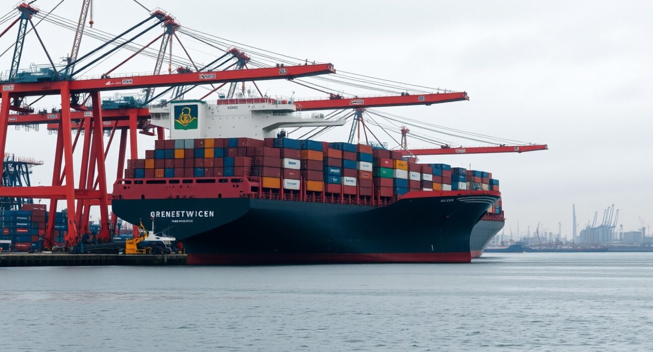 A large cargo ship at a German port, symbolizing international trade and import price dynamics.