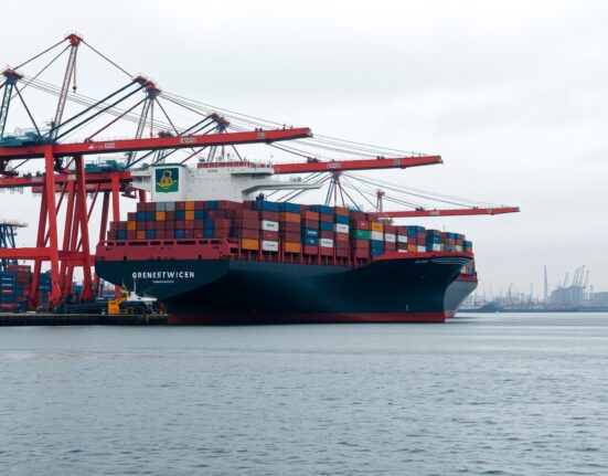 A large cargo ship at a German port, symbolizing international trade and import price dynamics.