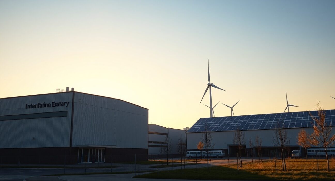 Modern German industrial factory with wind turbine at sunrise, symbolizing industrial pivot and recovery.