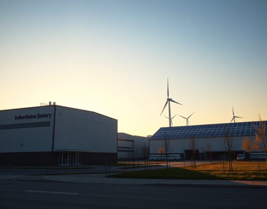 Modern German industrial factory with wind turbine at sunrise, symbolizing industrial pivot and recovery.
