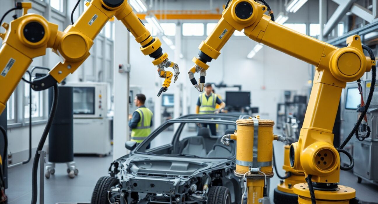 Modern German factory floor with robotic arms assembling automotive components