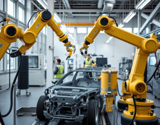 Modern German factory floor with robotic arms assembling automotive components