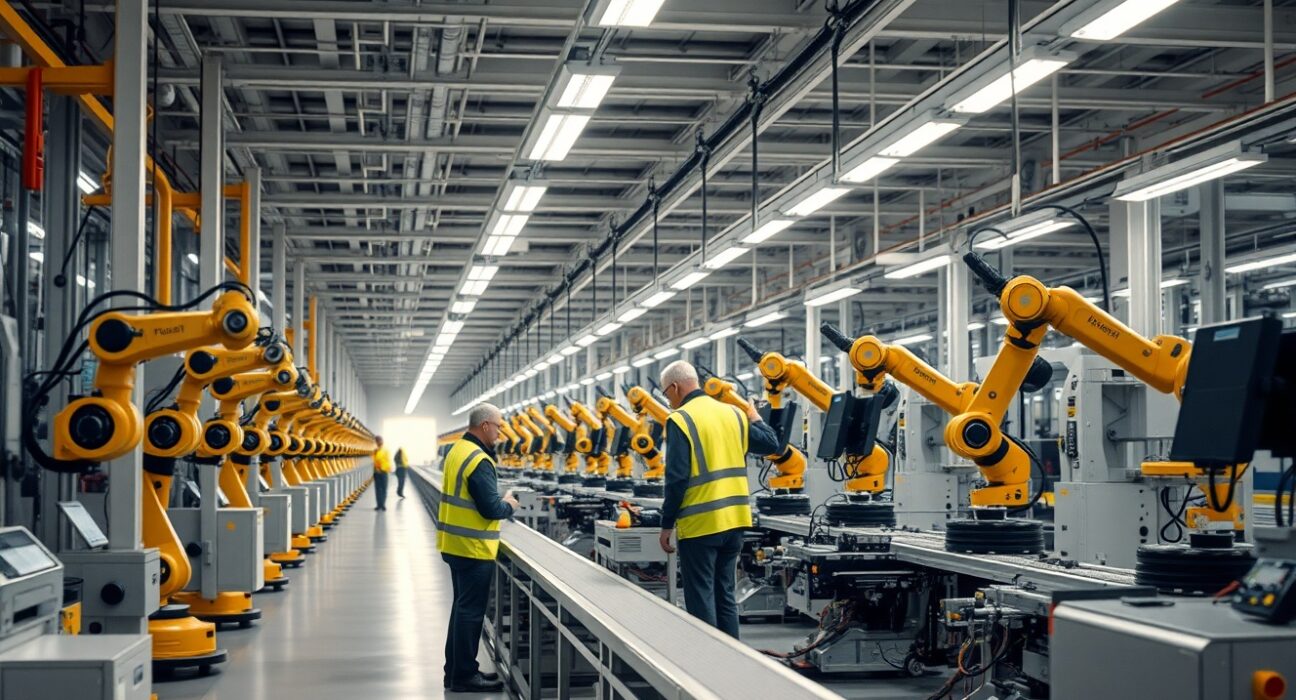 Interior of a modern German factory with robotic assembly line and workers in safety vests.