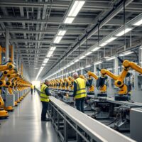 Interior of a modern German factory with robotic assembly line and workers in safety vests.