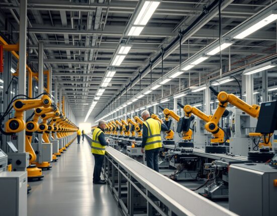 Interior of a modern German factory with robotic assembly line and workers in safety vests.