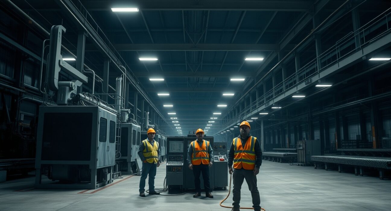Idle machinery and workers on a dim factory floor in Germany reflecting industrial slowdown