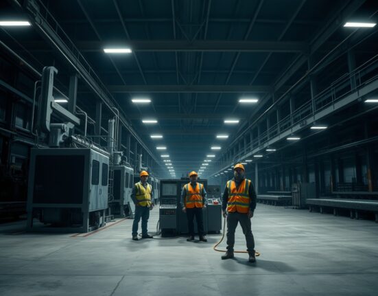 Idle machinery and workers on a dim factory floor in Germany reflecting industrial slowdown