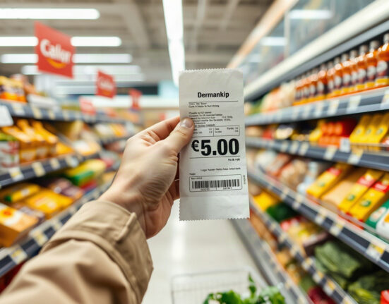 Shopper looking at a price tag in a German supermarket, representing inflation.