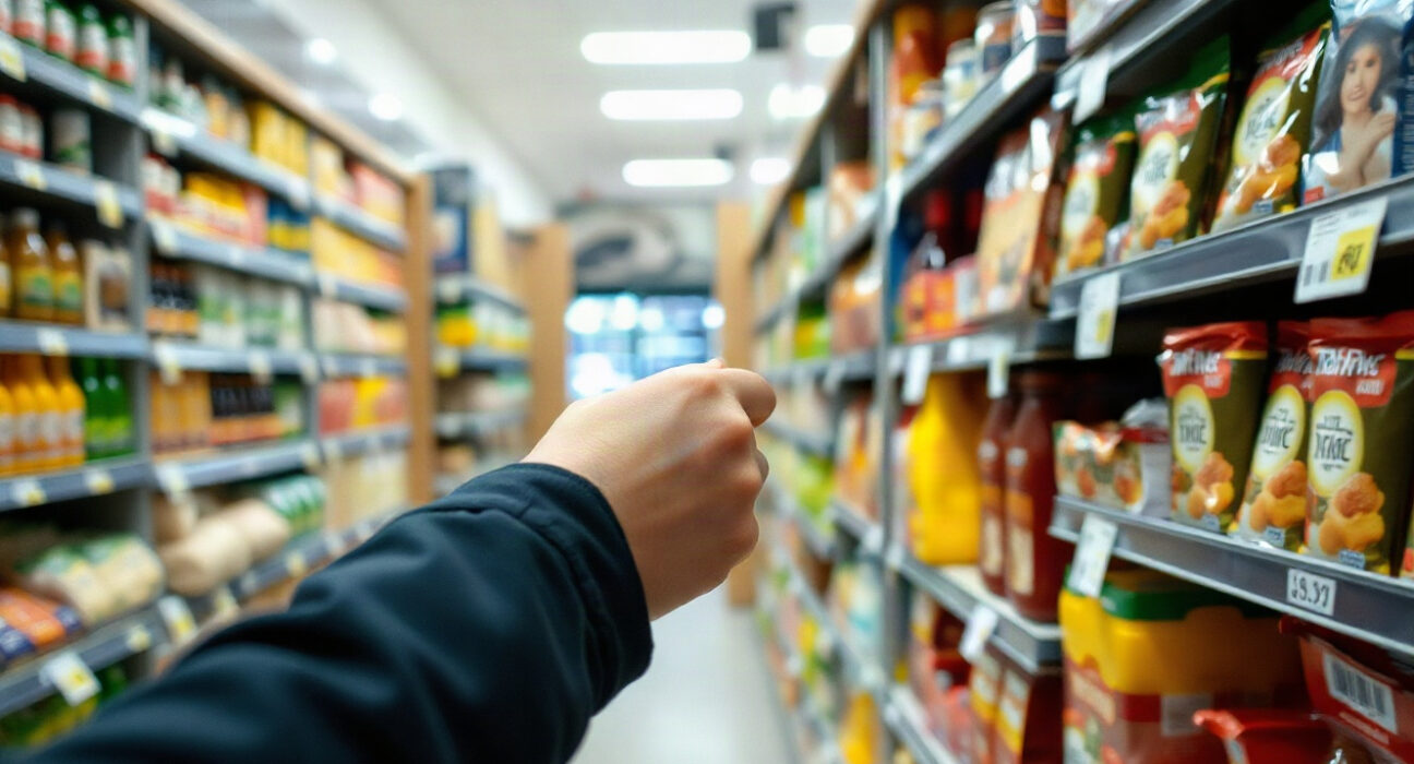 Shopper checking prices in a German supermarket, reflecting consumer price trends.