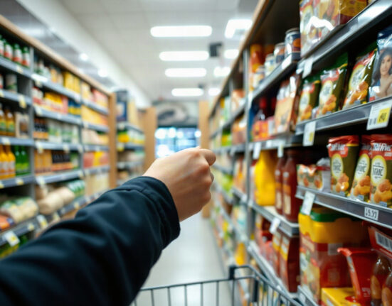 Shopper checking prices in a German supermarket, reflecting consumer price trends.
