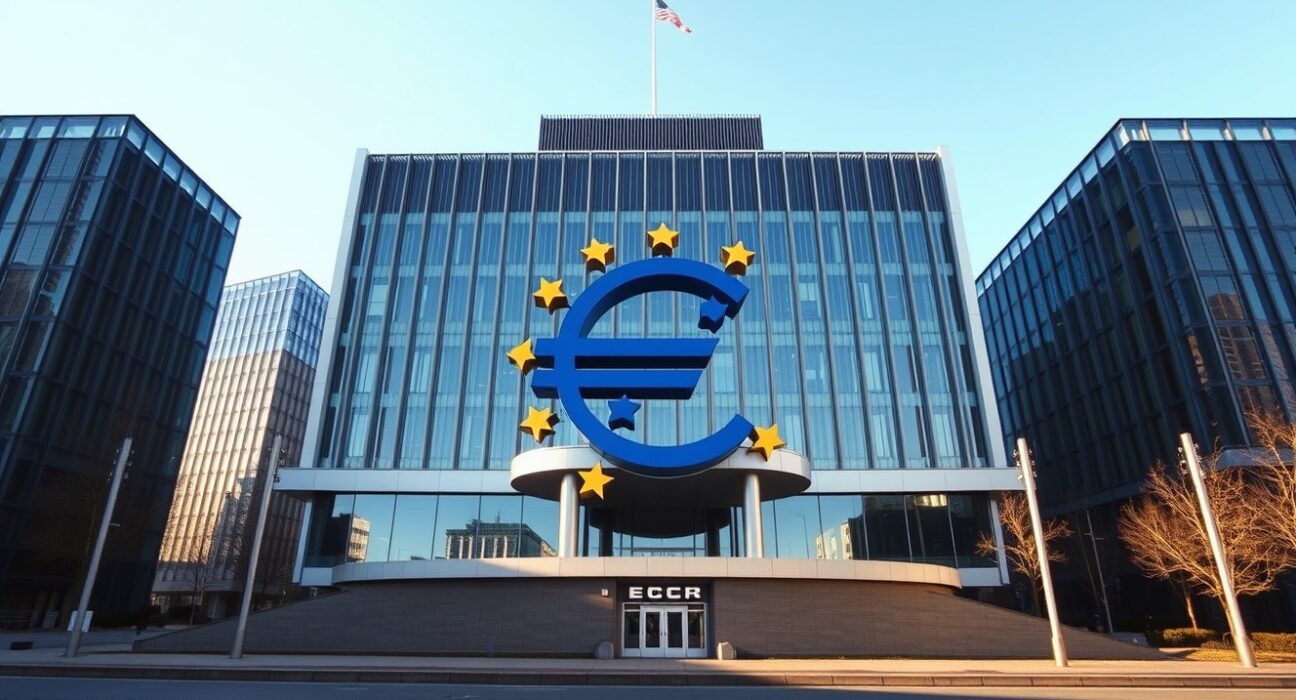 European Central Bank headquarters in Frankfurt, Germany, on a clear day.