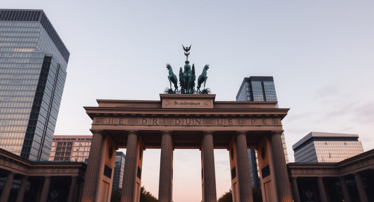 Berlin skyline with Brandenburg Gate at dusk, representing German economic data and inflation report.
