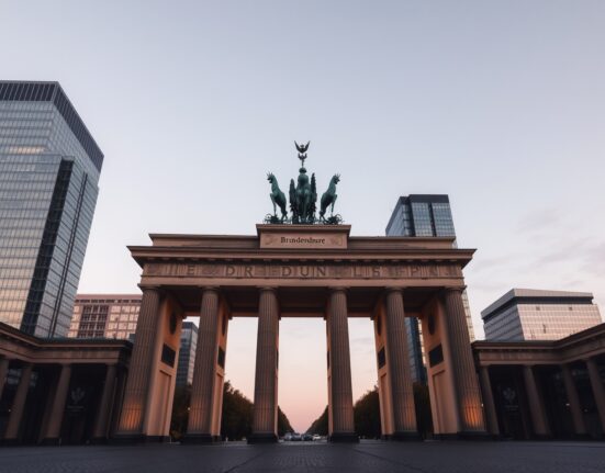 Berlin skyline with Brandenburg Gate at dusk, representing German economic data and inflation report.