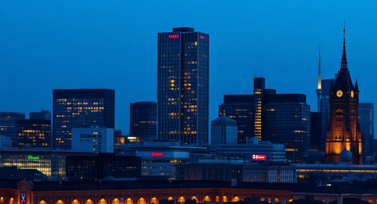 Frankfurt skyline with European Central Bank headquarters at dusk, symbolizing German inflation data release