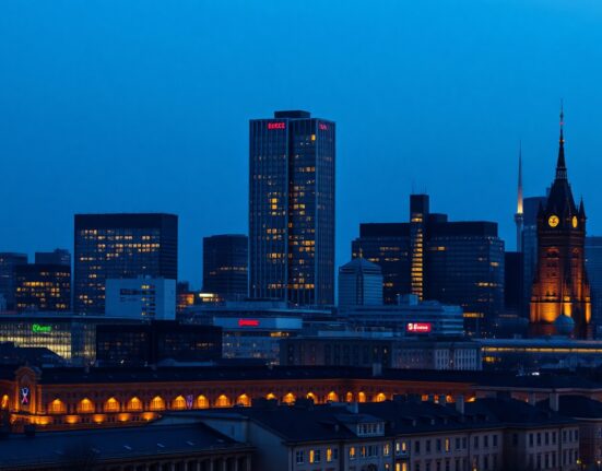 Frankfurt skyline with European Central Bank headquarters at dusk, symbolizing German inflation data release